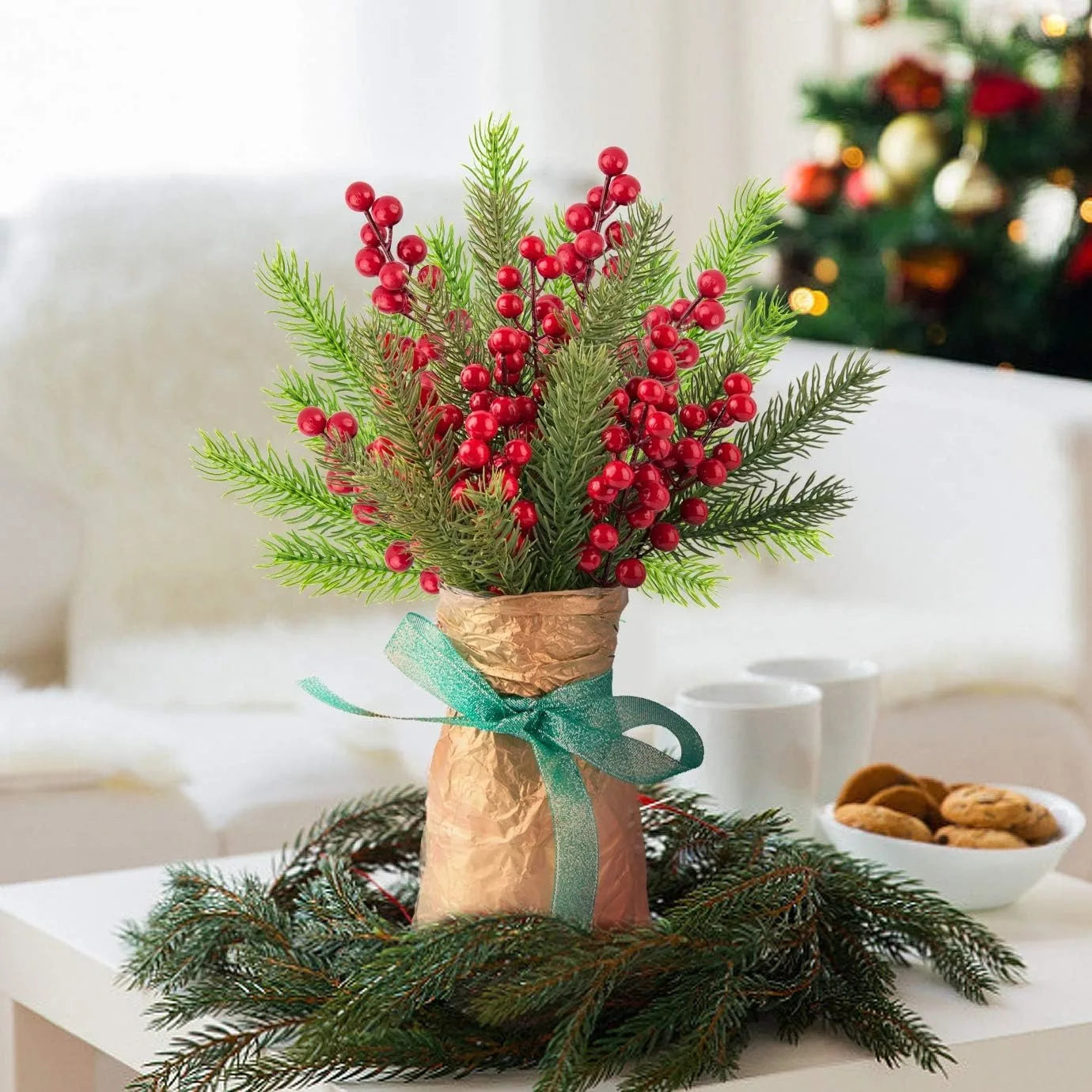 🎄 10pcs Christmas Pine Branches with Red Berries – Artificial Holly Twigs for Tree, Wreath & Décor