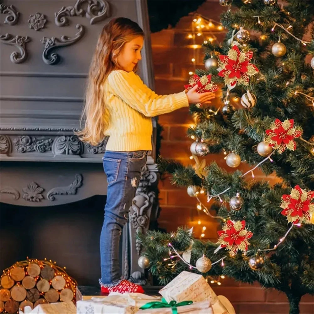 5/10pcs 14.5cm Glitter Christmas Flowers – Red/Pink/Gold Poinsettia Ornaments for Tree & Home