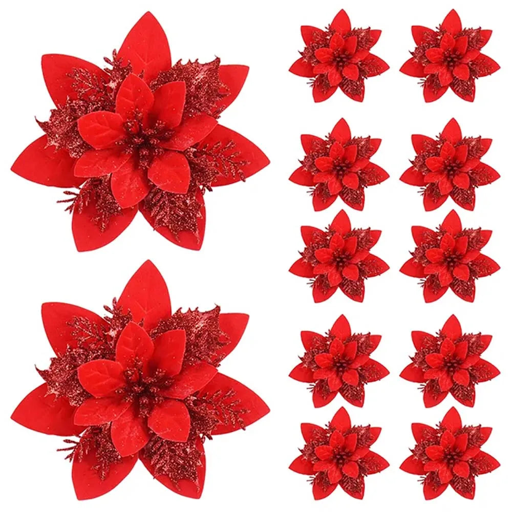 5/10pcs 14.5cm Glitter Christmas Flowers – Red/Pink/Gold Poinsettia Ornaments for Tree & Home