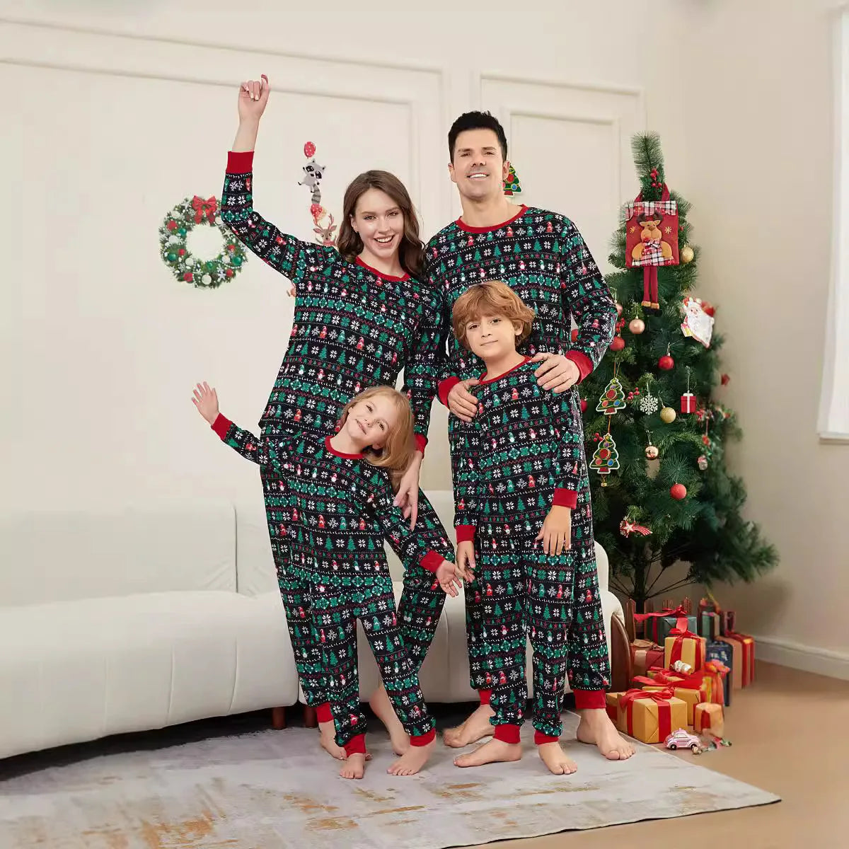🎅 Xmas Matching Family Pajamas 2025 – Green Reindeer Print PJs for Adults, Kids, Baby & Pets