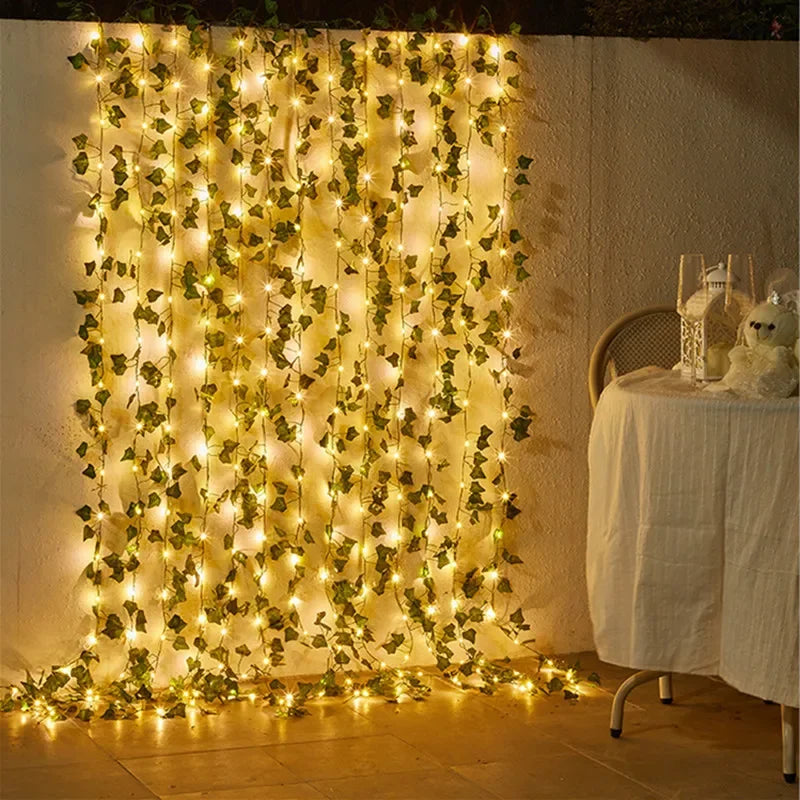 Flower & Green Leaf String Lights – Battery Fairy Vine Garland for Christmas, Wedding & Home Décor