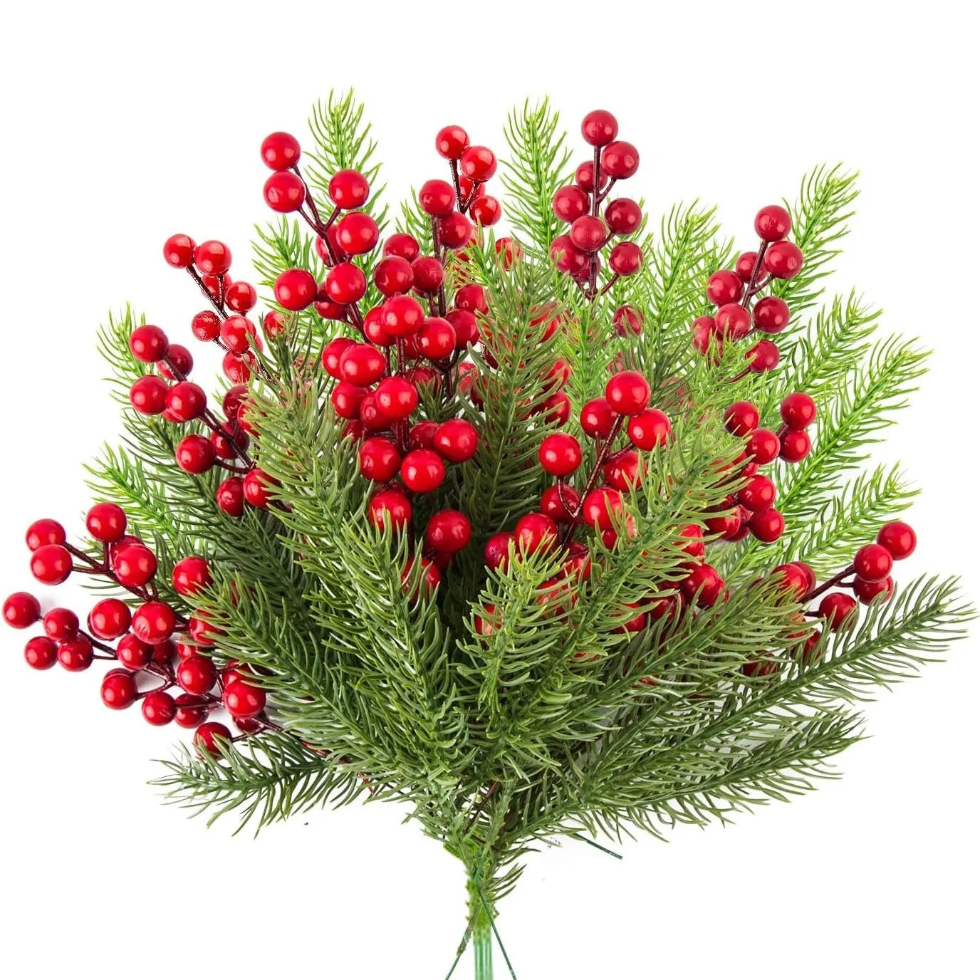 🎄 10pcs Christmas Pine Branches with Red Berries – Artificial Holly Twigs for Tree, Wreath & Décor