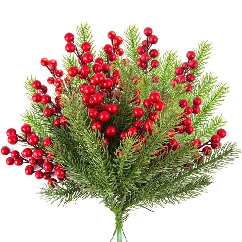 🎄 10pcs Christmas Pine Branches with Red Berries – Artificial Holly Twigs for Tree, Wreath & Décor