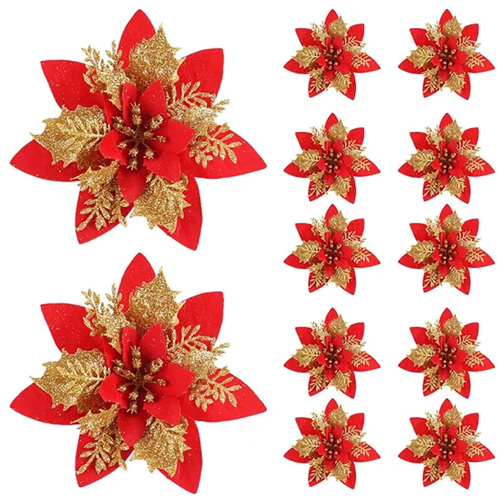 5/10pcs 14.5cm Glitter Christmas Flowers – Red/Pink/Gold Poinsettia Ornaments for Tree & Home