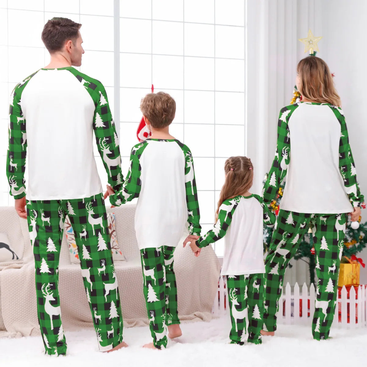 🎅 Xmas Matching Family Pajamas 2025 – Green Reindeer Print PJs for Adults, Kids, Baby & Pets