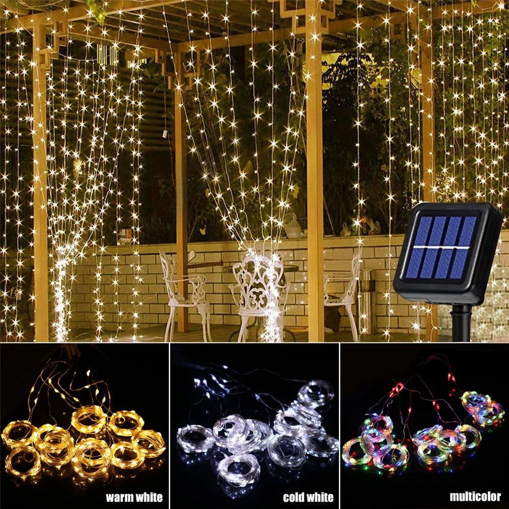 ✨ Solar Christmas Fairy Lights – 300 LED Waterproof Curtain Garland for Magical Outdoor Décor