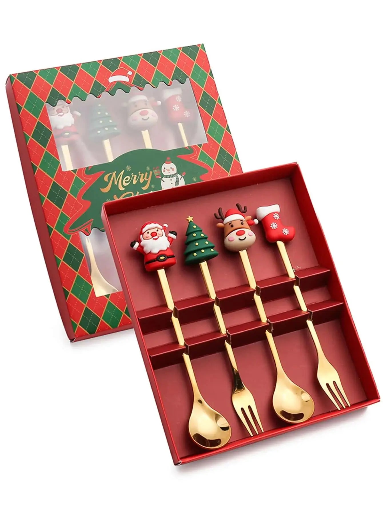 2/4/6Pcs Christmas Fork & Spoon Set – Stainless Steel Santa Tableware for Coffee, Tea & Dessert