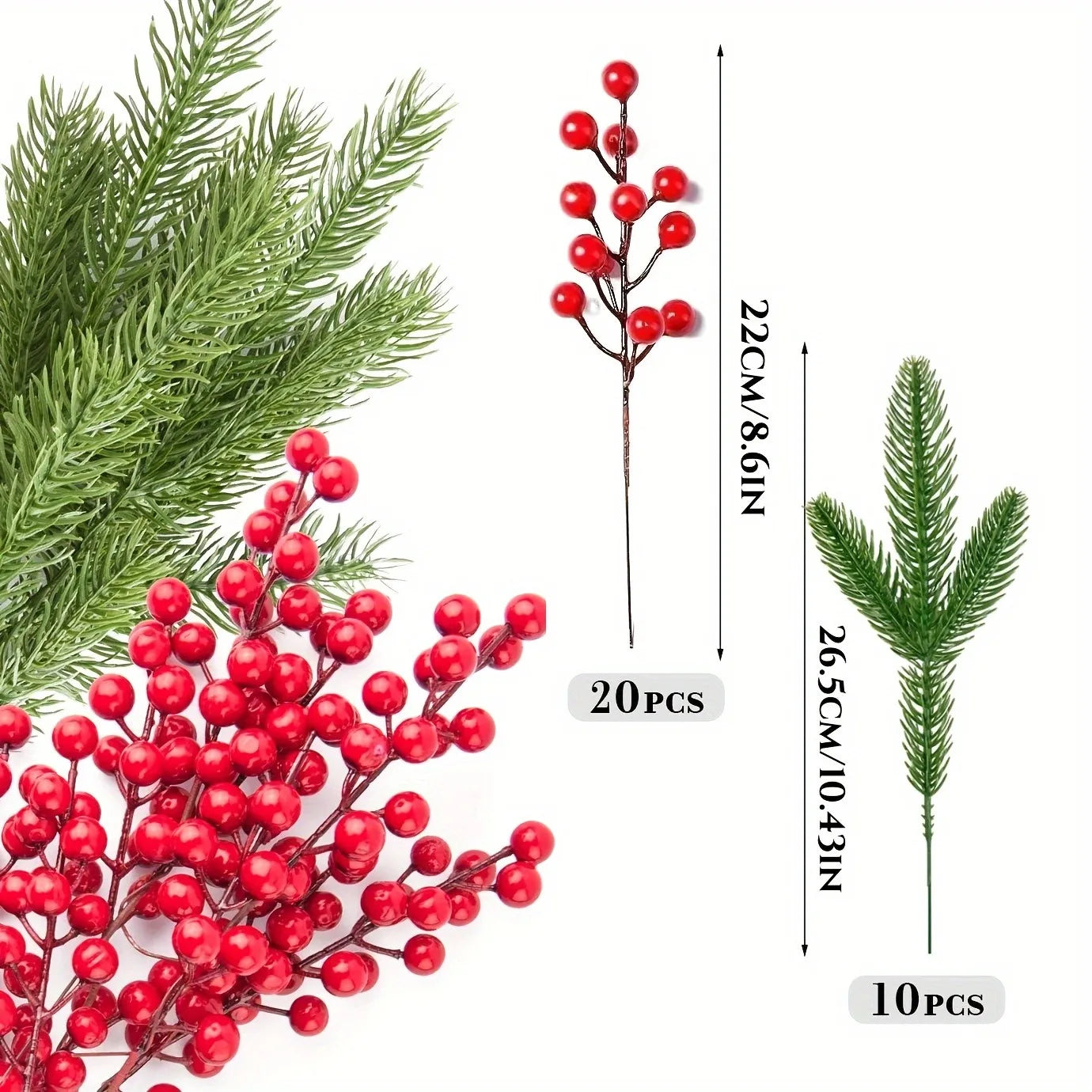 🎄 10pcs Christmas Pine Branches with Red Berries – Artificial Holly Twigs for Tree, Wreath & Décor