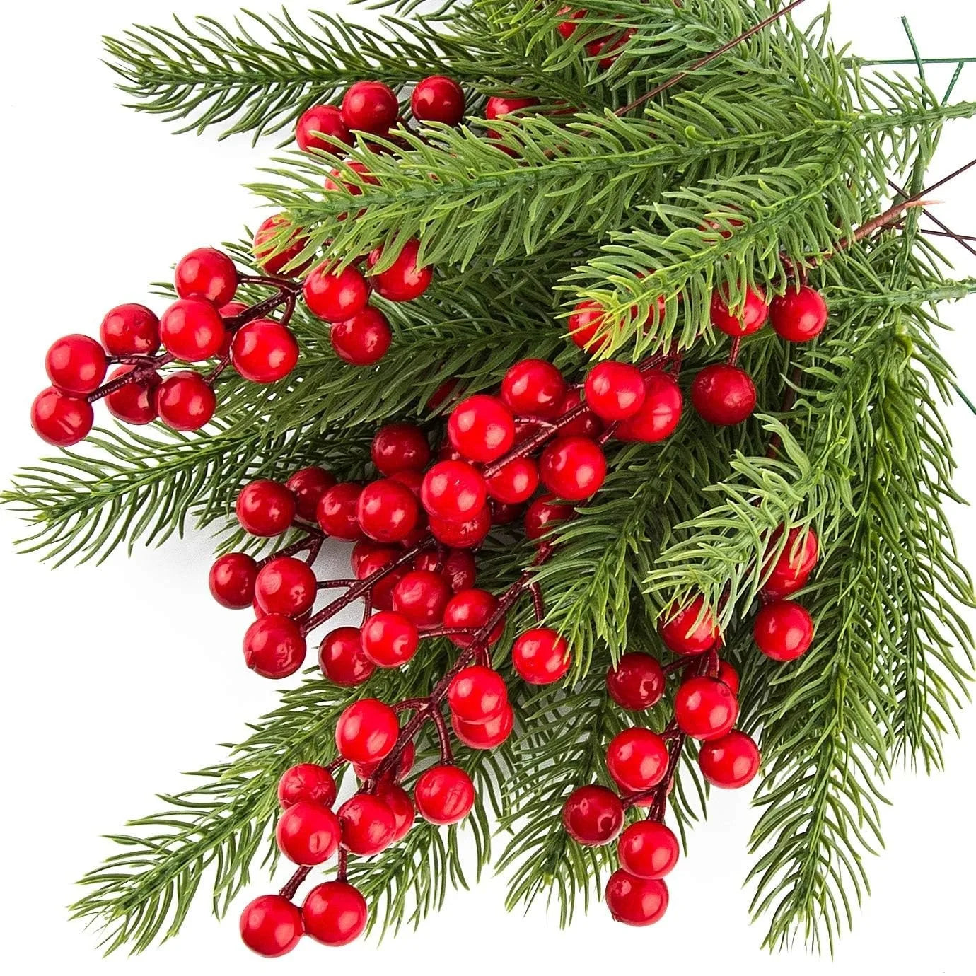 🎄 10pcs Christmas Pine Branches with Red Berries – Artificial Holly Twigs for Tree, Wreath & Décor