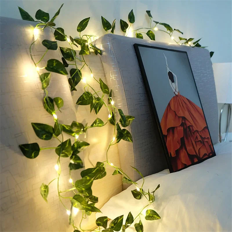 Flower & Green Leaf String Lights – Battery Fairy Vine Garland for Christmas, Wedding & Home Décor