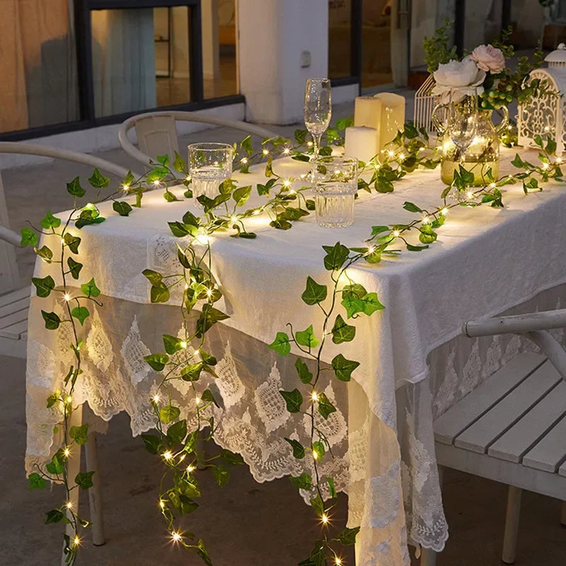 Flower & Green Leaf String Lights – Battery Fairy Vine Garland for Christmas, Wedding & Home Décor