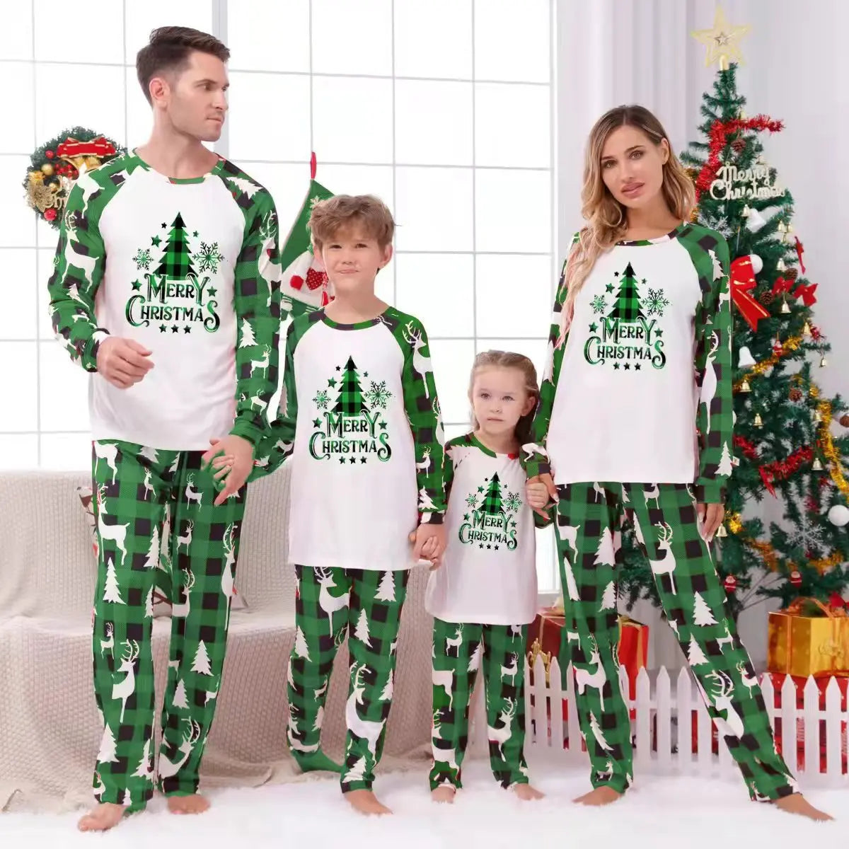 🎅 Xmas Matching Family Pajamas 2025 – Green Reindeer Print PJs for Adults, Kids, Baby & Pets