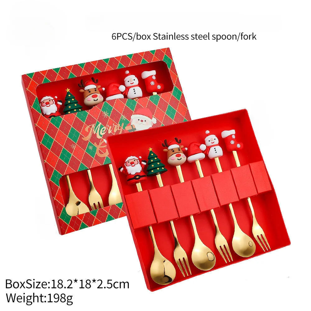 2/4/6Pcs Christmas Fork & Spoon Set – Stainless Steel Santa Tableware for Coffee, Tea & Dessert