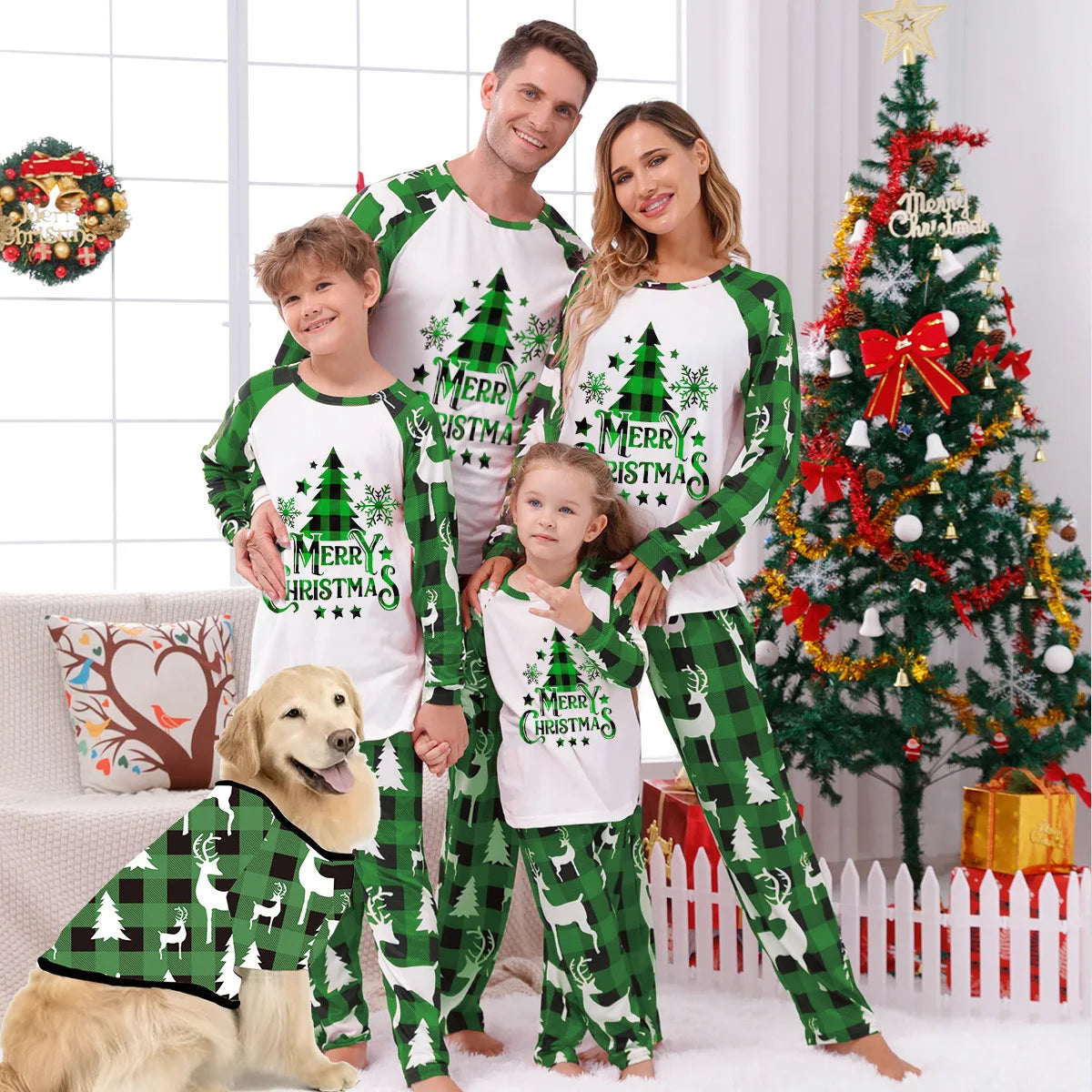 🎅 Xmas Matching Family Pajamas 2025 – Green Reindeer Print PJs for Adults, Kids, Baby & Pets