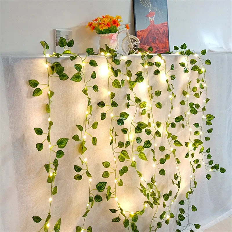 Flower & Green Leaf String Lights – Battery Fairy Vine Garland for Christmas, Wedding & Home Décor