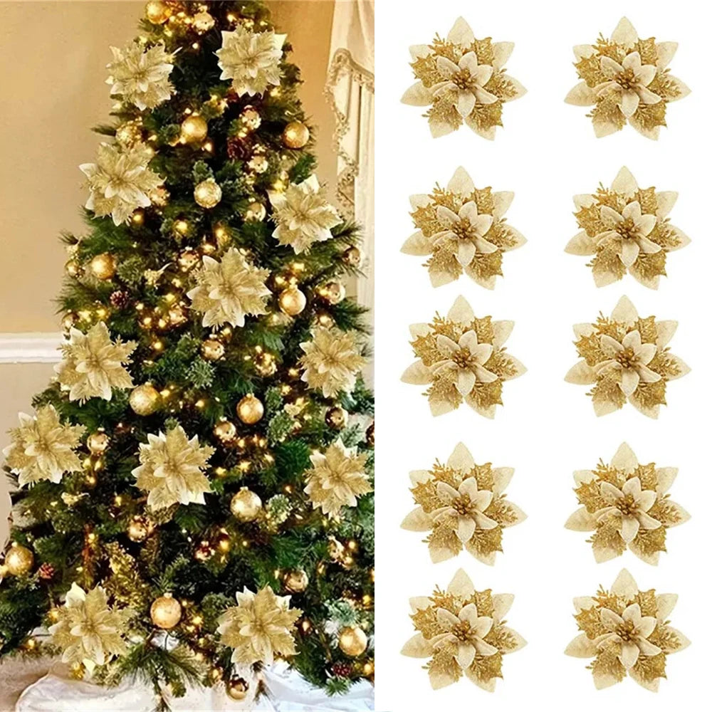 5/10pcs 14.5cm Glitter Christmas Flowers – Red/Pink/Gold Poinsettia Ornaments for Tree & Home