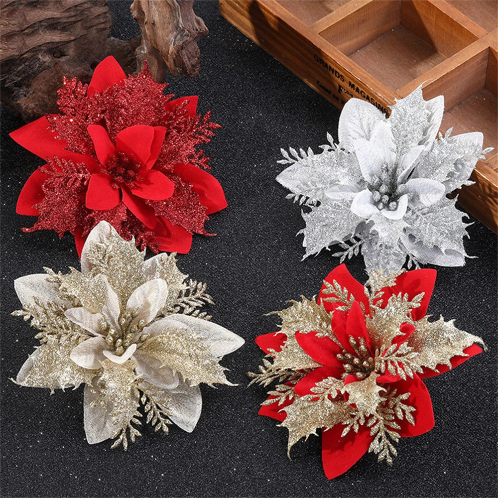 5/10pcs 14.5cm Glitter Christmas Flowers – Red/Pink/Gold Poinsettia Ornaments for Tree & Home