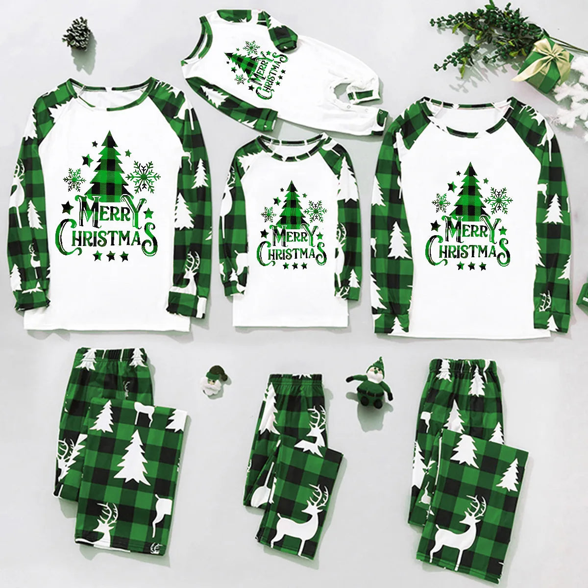 🎅 Xmas Matching Family Pajamas 2025 – Green Reindeer Print PJs for Adults, Kids, Baby & Pets